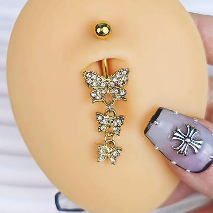 Clear Gem Gold Tone Flight Of Butterflies Dangle Belly Ring