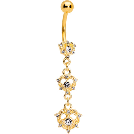 Clear CZ Gem Gold Tone Anodized Triple Heart Dangle Belly Ring