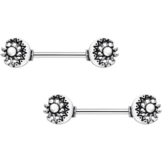 14G 9/16 Crescent Moon and Sun Barbell Nipple Ring Set