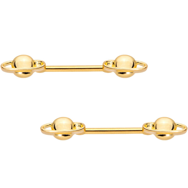 14G 9/16 Gold PVD Alien Spaceship Barbell Nipple Ring Set