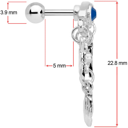 16G 1/4 Blue Gem Eye Feather Dangle Cartilage Tragus Earring