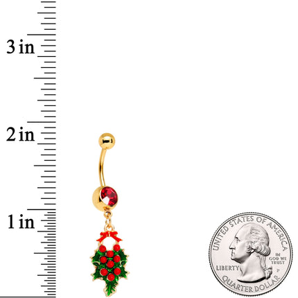 Red Gem Gold Tone Holiday Holly Wreath Dangle Belly Ring