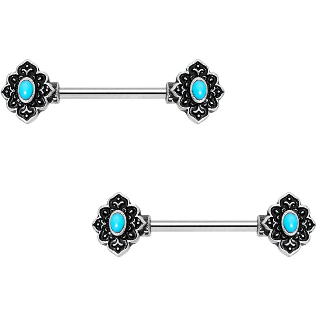 14G 9/16 Faux Turquoise Baroque Oval Barbell Nipple Ring Set