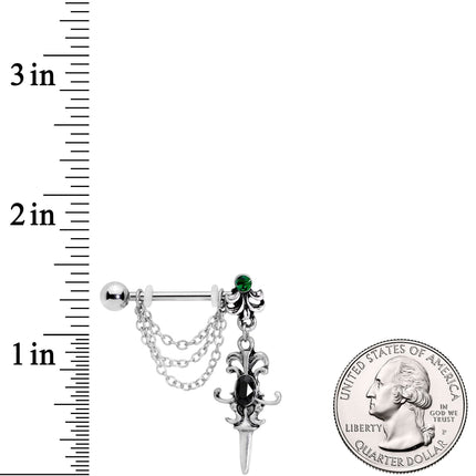 14G 9/16Black Green Gem Chain Sword Barbell Nipple Ring Set
