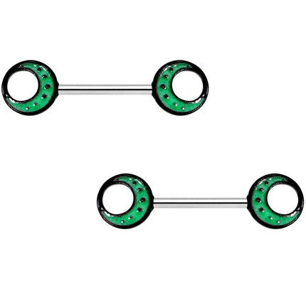 14G 9/16 Glow in the Dark Green Moon Barbell Nipple Ring Set