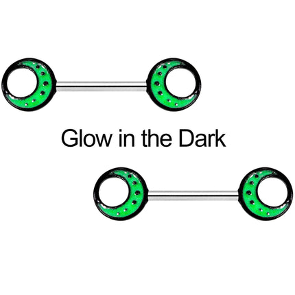 14G 9/16 Glow in the Dark Green Moon Barbell Nipple Ring Set