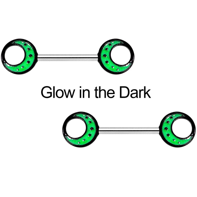 14G 9/16 Glow in the Dark Green Moon Barbell Nipple Ring Set