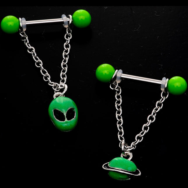 14G 9/16 Glow Alien Saturn Dangle Barbell Nipple Ring Set