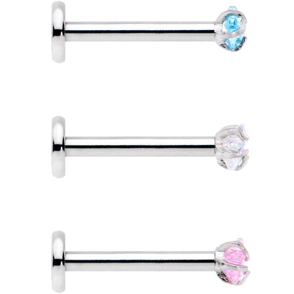 16G 3/8 Clear Pink Blue Star CZ Gem Labret Tragus Set of 3