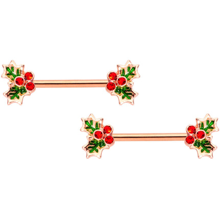 14G Red Gem Rose Gold Tone Holly Captive Barbell Nipple Ring Set