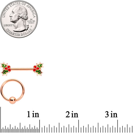 14G Red Gem Rose Gold Tone Holly Captive Barbell Nipple Ring Set