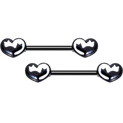 14G 9/16 Black White Silhouette Cat Lover Barbell Nipple Ring Set