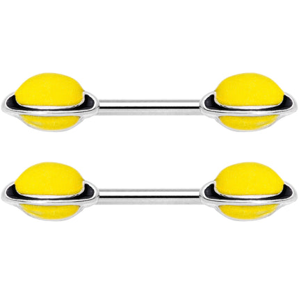 14G 9/16 Yellow Glow in the Dark Saturn Barbell Nipple Ring Set