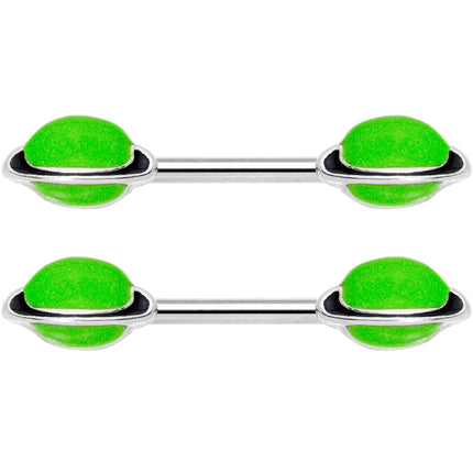 14G 9/16 Green Glow in the Dark Saturn Barbell Nipple Ring Set