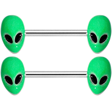 14G 9/16 Green Glow in the Dark Aliens Barbell Nipple Ring Set