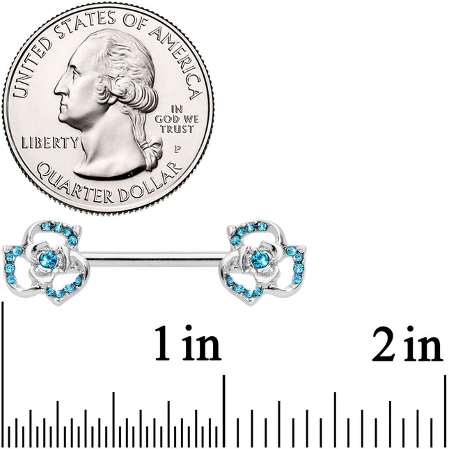 14G 9/16 Blue Gem Rose Flower Barbell Nipple Ring Set