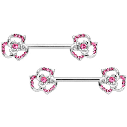 14G 9/16 Pink Gem Rose Flower Barbell Nipple Ring Set