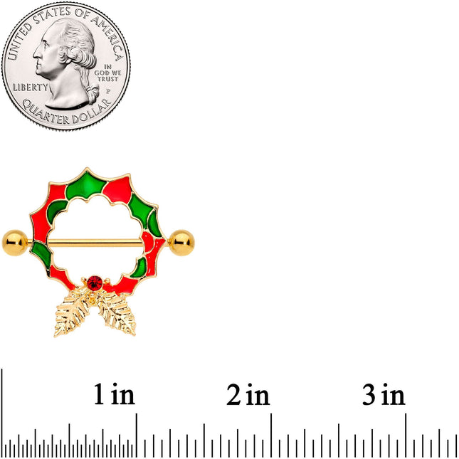 14G 25mm Red Gem Gold Tone Happy Holiday Wreath Nipple Shield Set