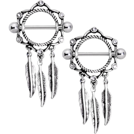14G 9/16 Clear Gem Lotus Flower Feather Dangle Nipple Shield Set