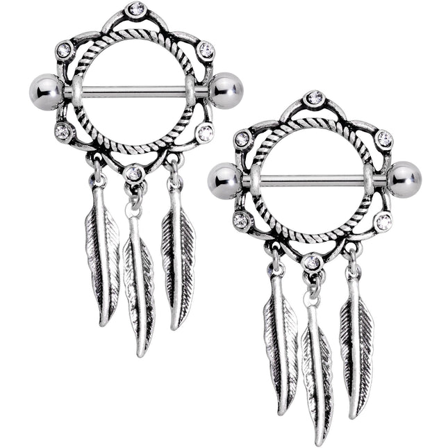 14G 9/16 Clear Gem Lotus Flower Feather Dangle Nipple Shield Set