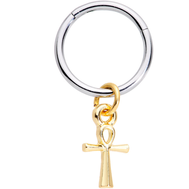 16G 3/8 Gold Tone Egyptian Ankh Hinged Dangle Segment Ring