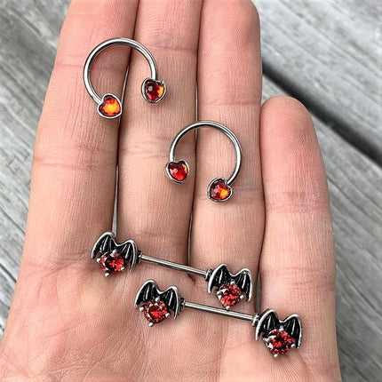 14G 9/16 Red Gem Heart Horseshoe Nipple Ring Set