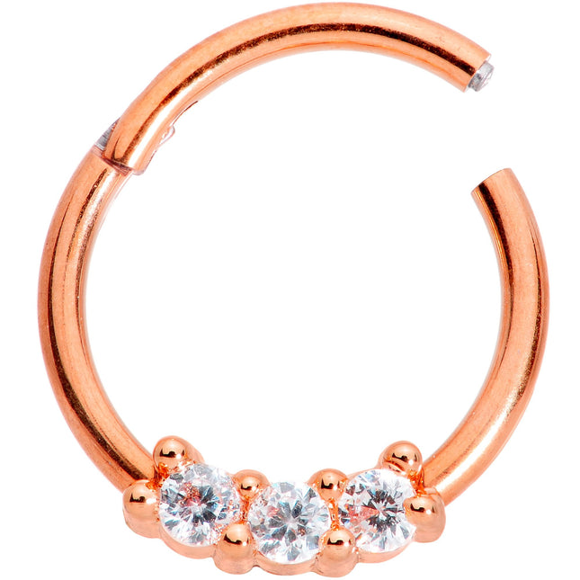 16G 3/8 Clear CZ Gem Rose Gold Tone Trio Hinged Segment Ring