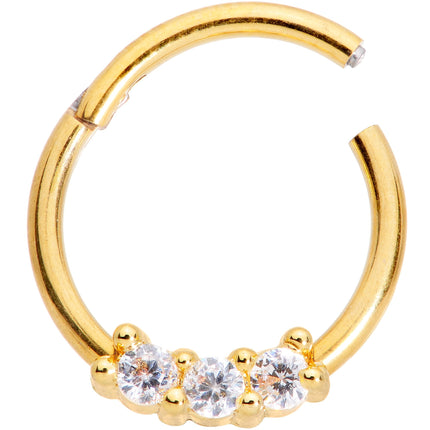 16G 3/8 Clear CZ Gem Gold Tone Trio Hinged Segment Ring