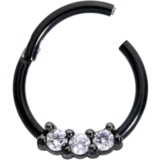 16G 3/8 Clear CZ Gem Black Trio Hinged Segment Ring