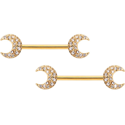 14G 9/16 Clear Gem Gold Tone Crescent Moon Barbell Nipple Ring Set
