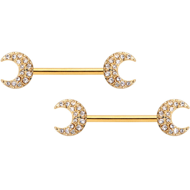 14G 9/16 Clear Gem Gold Tone Crescent Moon Barbell Nipple Ring Set