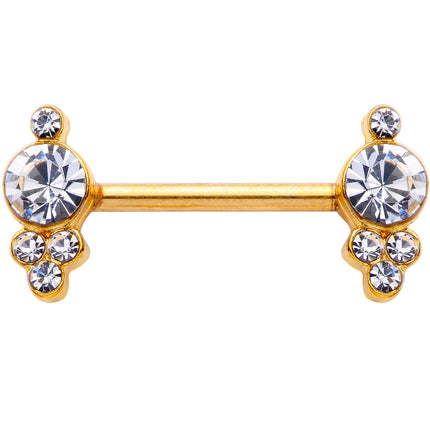 14G 9/16 Clear Gem Gold Tone Circles Barbell Nipple Ring Set