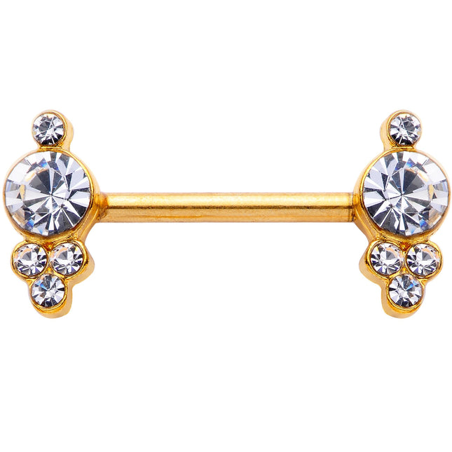 14G 9/16 Clear Gem Gold Tone Circles Barbell Nipple Ring Set
