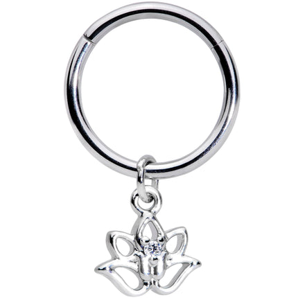 16G 3/8 Clear CZ Gem Lotus Flower Dangle Hinged Segment Ring