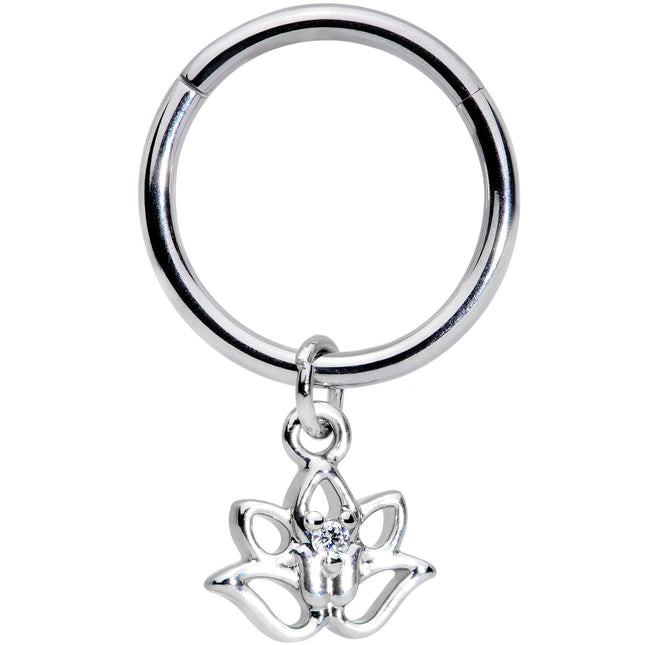 16G 3/8 Clear CZ Gem Lotus Flower Dangle Hinged Segment Ring