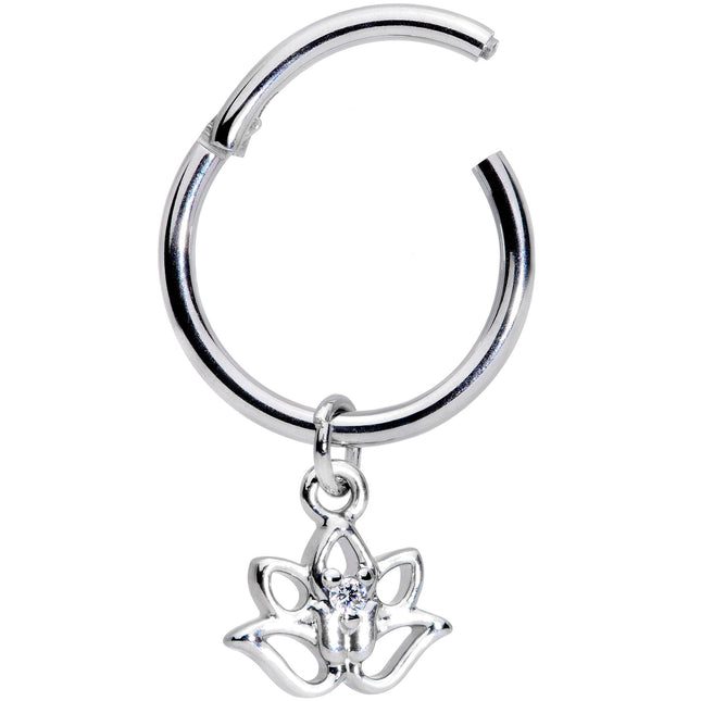 16G 3/8 Clear CZ Gem Lotus Flower Dangle Hinged Segment Ring