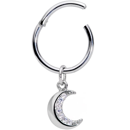 16G 3/8 Clear CZ Gem Crescent Moon Dangle Hinged Segment Ring