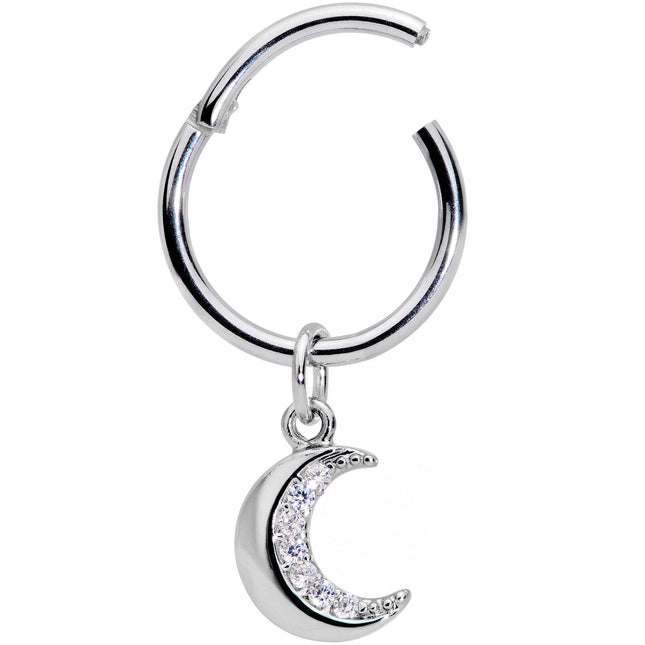 16G 3/8 Clear CZ Gem Crescent Moon Dangle Hinged Segment Ring