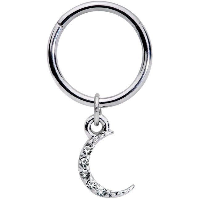 16G 3/8 Clear Gem Sliver of Moon Dangle Hinged Segment Ring