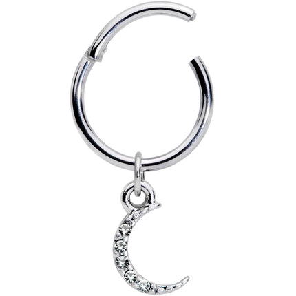 16G 3/8 Clear Gem Sliver of Moon Dangle Hinged Segment Ring