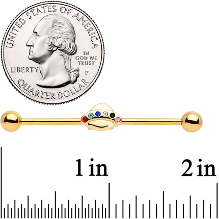 14G Multicolor Gem Gold Tone UFO Industrial Barbell 38mm