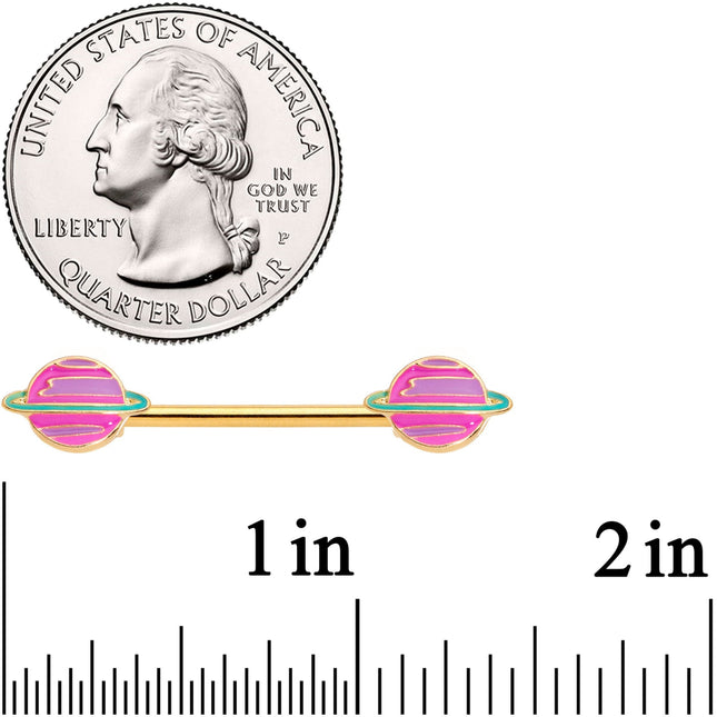 14G 9/16 Gold Tone Pink Planet Saturn Barbell Nipple Ring Set
