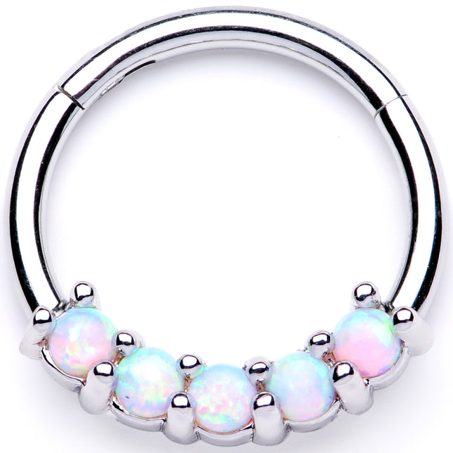 16G 3/8 White Synthetic Opal Crest Hinged Segment Ring