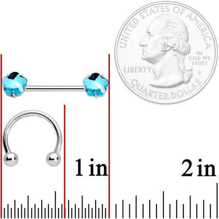 14G 9/16 1/2 Aqua Gem Flower Horseshoe Barbell Nipple Ring Set