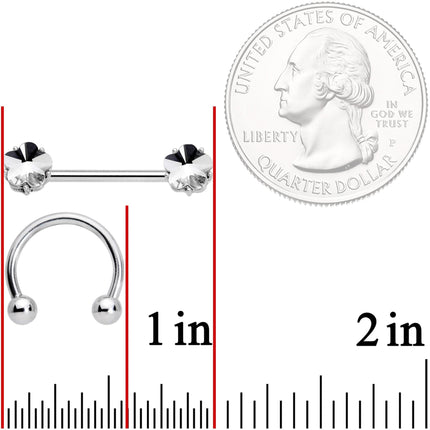 14G 9/16 1/2 Clear Gem Flower Horseshoe Barbell Nipple Ring Set