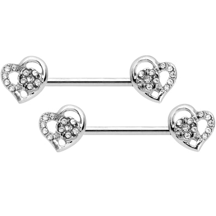 14G 9/16 5/16 Clear Gem Hearts BCR Barbell Nipple Ring Set