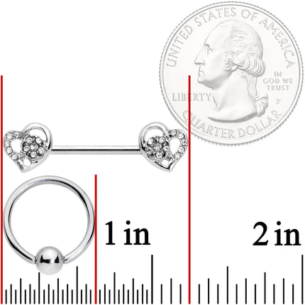 14G 9/16 5/16 Clear Gem Hearts BCR Barbell Nipple Ring Set