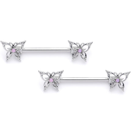 14G 9/16 Pink Faux Opal Lacy Butterfly Barbell Nipple Ring Set