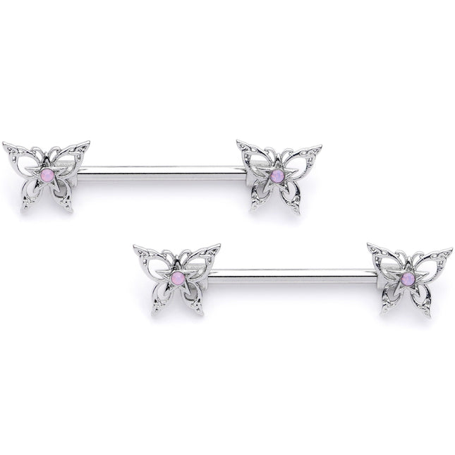 14G 9/16 Pink Faux Opal Lacy Butterfly Barbell Nipple Ring Set