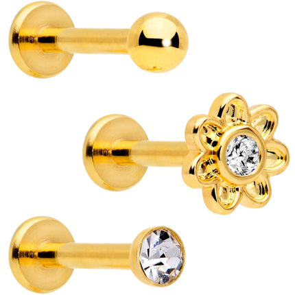 16G Clear Gem Gold Tone Internally Threaded Rose Flower Labret Set